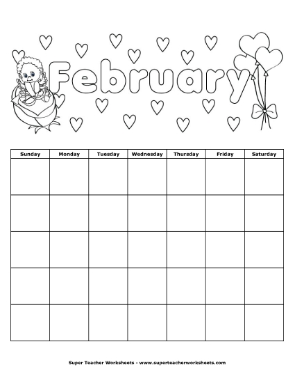 Blank Calendars for Kids - February Calendar (Printable PDF Worksheet)