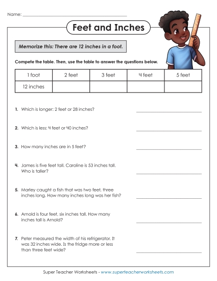 Conversions & Unit Comparisons - Feet and Inches (Printable PDF Worksheet)