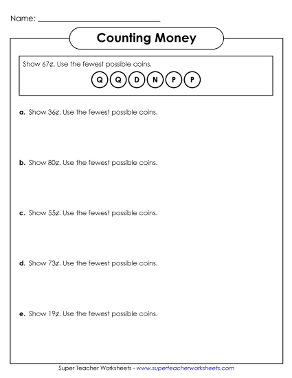 Coins Only (No Bills) - Fewest Coins 1 (Printable PDF Worksheet)