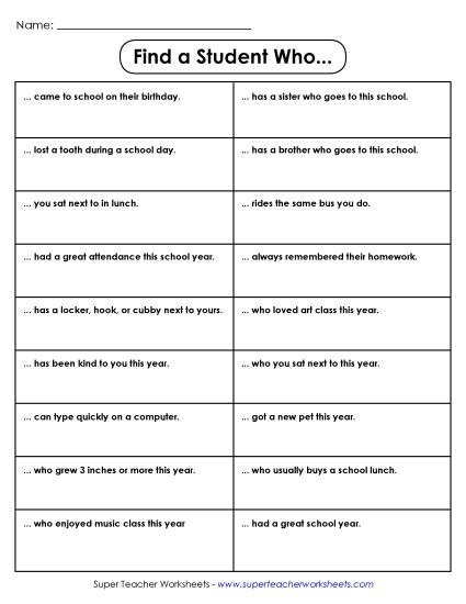 Activities and Games - Find a Student Who... Game (Printable PDF Worksheet)
