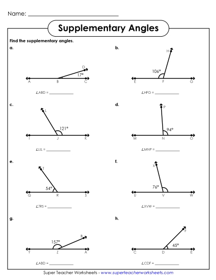Supplementary Angles - Find Supplementary Angles (Printable PDF Worksheet)