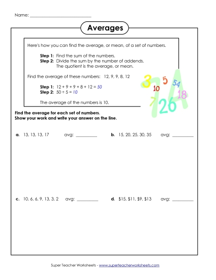 Intermediate Level (Long Division) - Find the Averages (Printable PDF Worksheet)