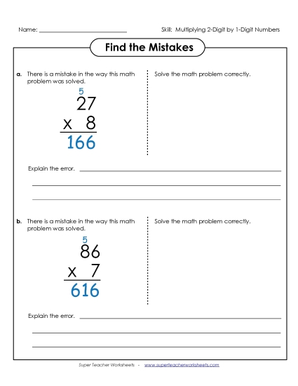 2-Digit Times 1-Digit Worksheets - Find the Errors: 2-Digit by 1-Digit Numbers (Printable PDF Worksheet)
