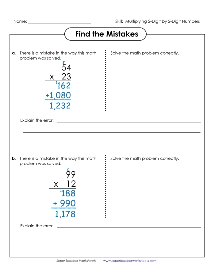 2-Digit Times 2-Digit Worksheets - Find the Errors: 2-Digit by 2-Digit Numbers (Printable PDF Worksheet)