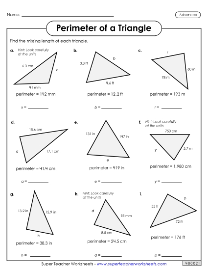 Advanced (Includes Decimals & Fractions) - Find the Missing Length on the Triangle (Advanced) (Printable PDF Worksheet)