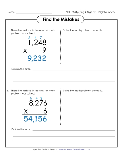 4-Digit Times 1-Digit Worksheets - Find the Mistakes: 4-Digit by 1-Digit Numbers (Printable PDF Worksheet)