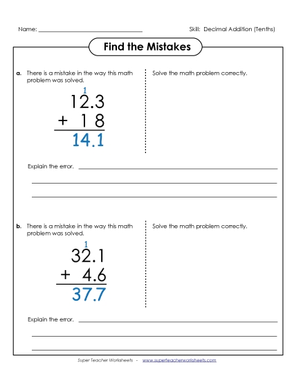 Tenths - Find the Mistakes (Addition) (Printable PDF Worksheet)