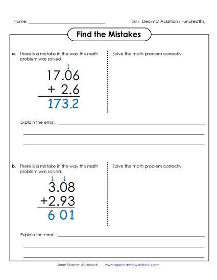 Hundredths - Find the Mistakes (Addition) (Printable PDF Worksheet)