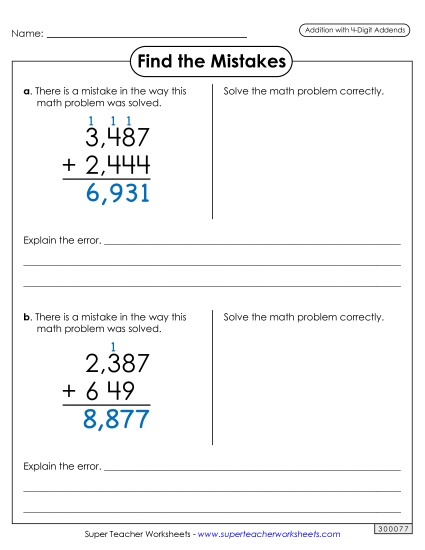 4-Digit Addition - Find the Mistakes (Printable PDF Worksheet)