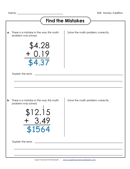 Adding Money - Find the Mistakes (Printable PDF Worksheet)