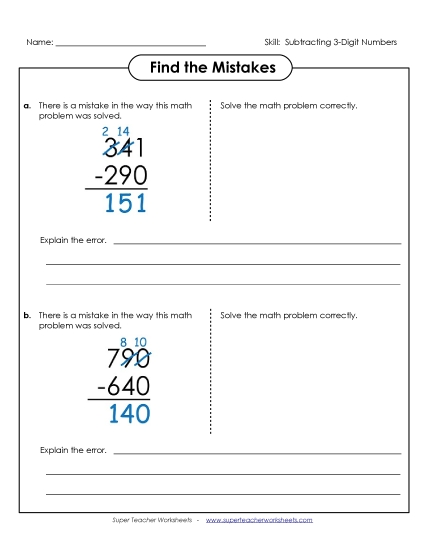 3-Digit Subtraction Worksheets - Find the Mistakes (Printable PDF Worksheet)