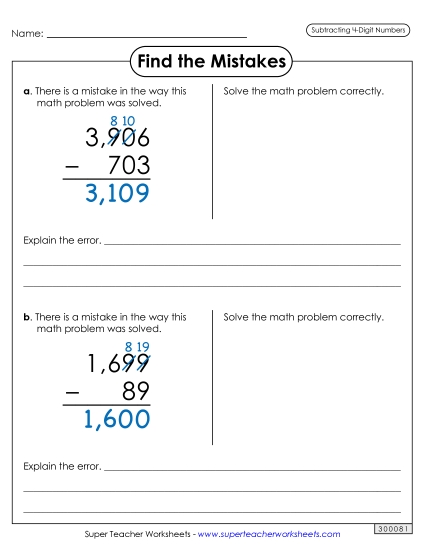 4-Digit Subtraction Worksheets - Find the Mistakes (Printable PDF Worksheet)