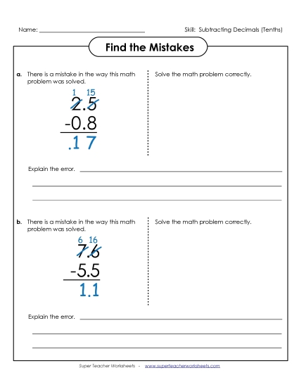 Tenths - Find the Mistakes (Subtraction) (Printable PDF Worksheet)