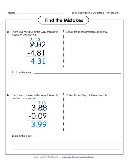 Hundredths - Find the Mistakes (Subtraction) (Printable PDF Worksheet)