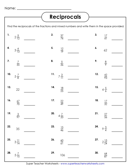 Find the Reciprocals (Printable PDF Worksheet)