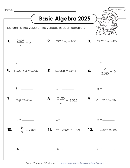 New Year Math - Find the Variable 2025 (Advanced) (Printable PDF Worksheet)
