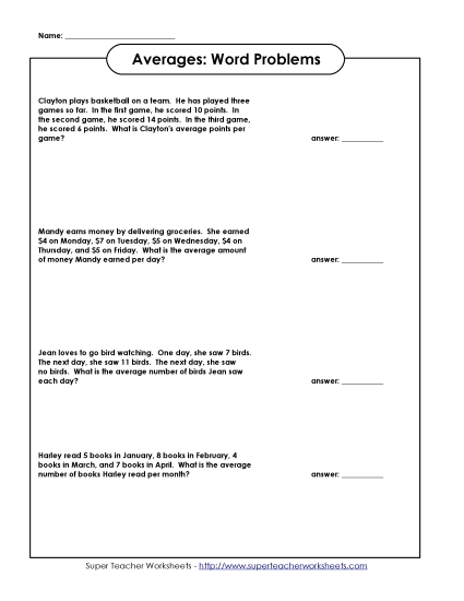 Other - Finding Averages (Mean) (Printable PDF Worksheet)