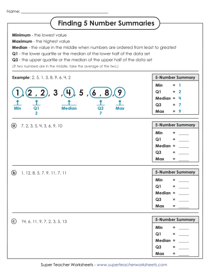 Level: Basic - Finding Five Number Summaries (Basic) (Printable PDF Worksheet)