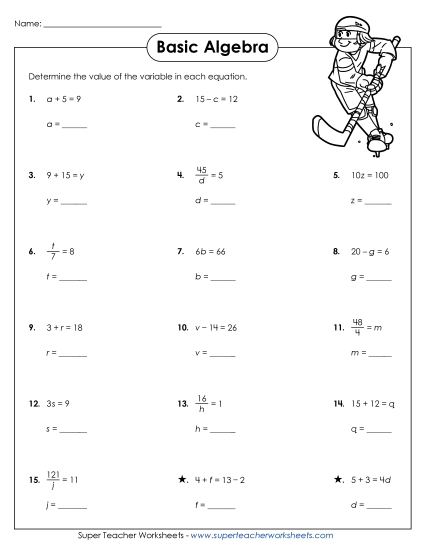 Addition, Subtraction, Multiplication & Division - Finding the Values of Variables (Printable PDF Worksheet)