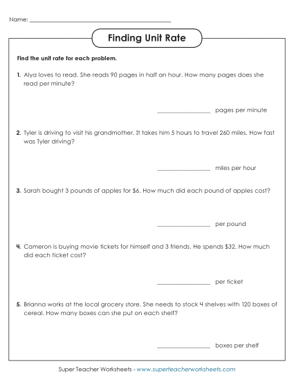 Finding Unit Rate (Basic) (Printable PDF Worksheet)