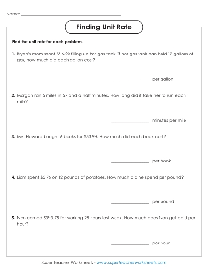 Finding Unit Rate (Intermediate) (Printable PDF Worksheet)
