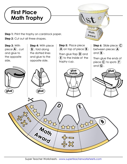 Trophies - First Place Math Trophy  (Printable PDF Worksheet)
