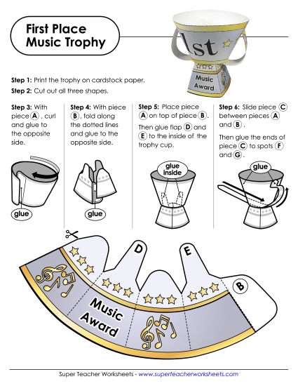 Trophies - First Place Music Trophy  (Printable PDF Worksheet)