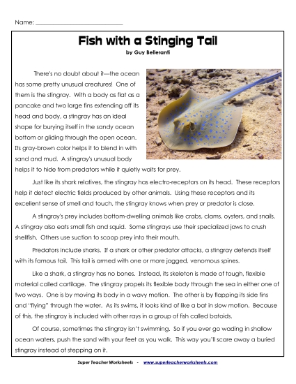 Nonfiction Articles - Fish with a Stinging Tail (Printable PDF Worksheet)