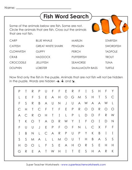 Animal Group Word Searches - Fish Word Search (Printable PDF Worksheet)