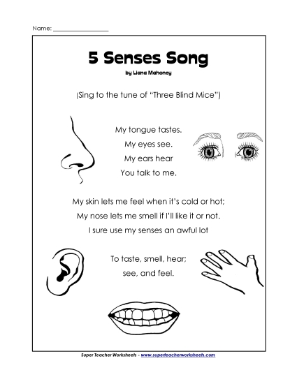 Worksheets - Five Senses Song (Printable PDF Worksheet)