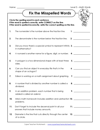 Worksheets and Activities - Fix the Misspelled Words  (Printable PDF Worksheet)