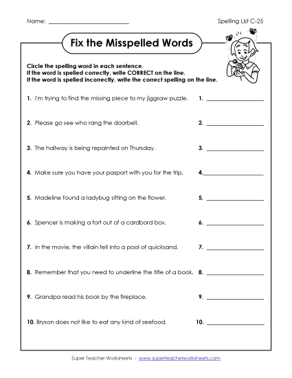 Worksheets - Fix the Misspelled Words (C-25)  (Printable PDF Worksheet)