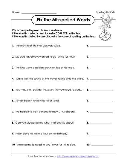 Worksheets - Fix the Misspelled Words (C-8) (Printable PDF Worksheet)