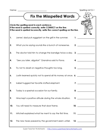Worksheets - Fix the Misspelled Words (D-1) (Printable PDF Worksheet)