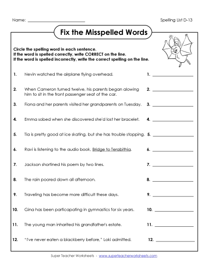Worksheets - Fix the Misspelled Words (D-13) (Printable PDF Worksheet)