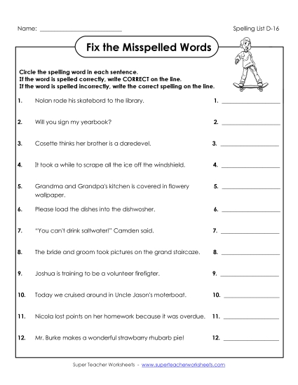 Worksheets - Fix the Misspelled Words (D-16) (Printable PDF Worksheet)