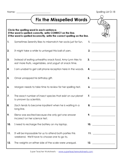 Worksheets - Fix the Misspelled Words (D-18) (Printable PDF Worksheet)