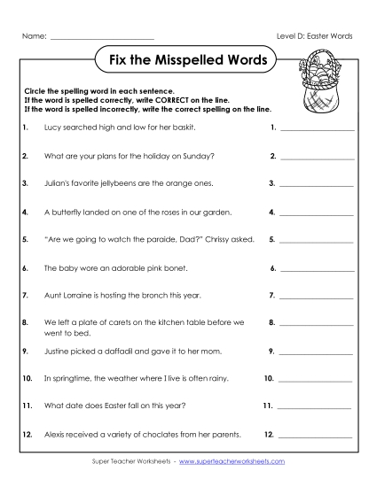 Worksheets - Fix the Misspelled Words (D-Easter)  (Printable PDF Worksheet)