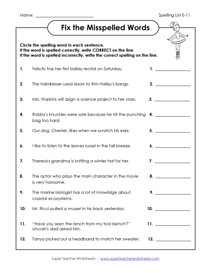 Printable Worksheets - Fix the Misspelled Words (E-11)  (Printable PDF Worksheet)