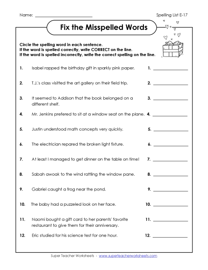 Printable Worksheets - Fix the Misspelled Words (E-17) (Printable PDF Worksheet)