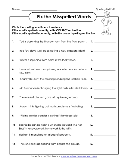 Printable Worksheets - Fix the Misspelled Words (E-18) (Printable PDF Worksheet)