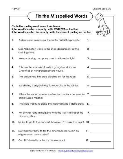 Printable Worksheets - Fix the Misspelled Words (E-20) (Printable PDF Worksheet)