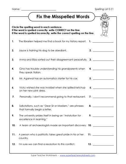 Printable Worksheets - Fix the Misspelled Words (E-21)  (Printable PDF Worksheet)