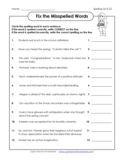 Printable Worksheets - Fix the Misspelled Words (E-22) (Printable PDF Worksheet)
