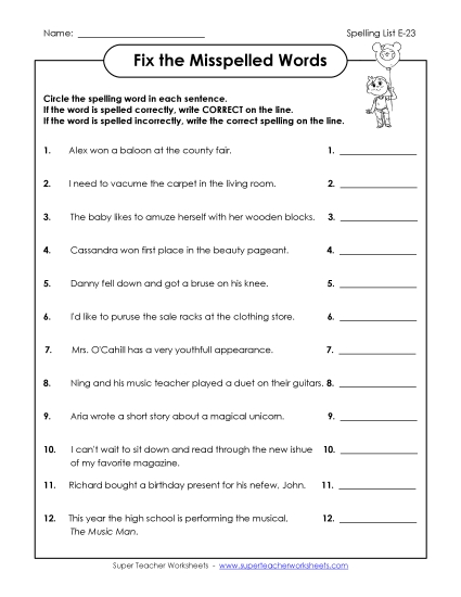 Printable Worksheets - Fix the Misspelled Words (E-23) (Printable PDF Worksheet)