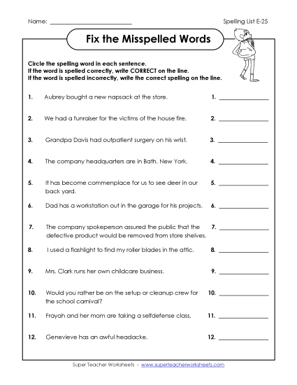 Printable Worksheets - Fix the Misspelled Words (E-25) (Printable PDF Worksheet)