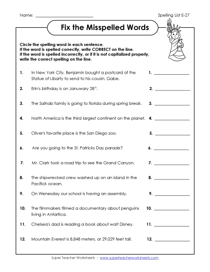 Printable Worksheets - Fix the Misspelled Words (E-27) (Printable PDF Worksheet)