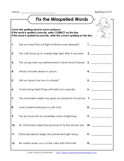 Printable Worksheets - Fix the Misspelled Words (E-9)  (Printable PDF Worksheet)
