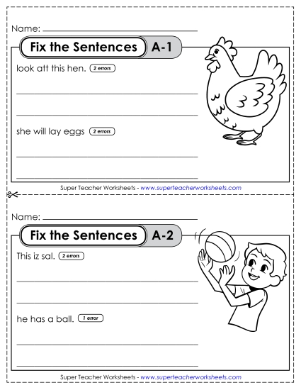 Fix the Sentences A-1 through A-5 (Printable PDF Worksheet)
