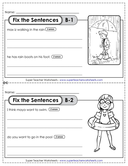 Fix the Sentences B-1 through B-5 (Printable PDF Worksheet)